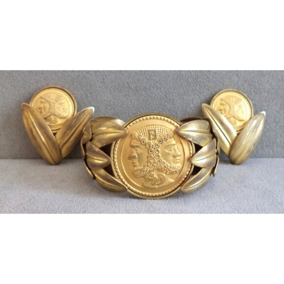 Rare Vintage FENDI JEWELRY SET Roman COIN CUFF BRACELET + Clip EARRINGS Big Bold - Picture 12 of 12